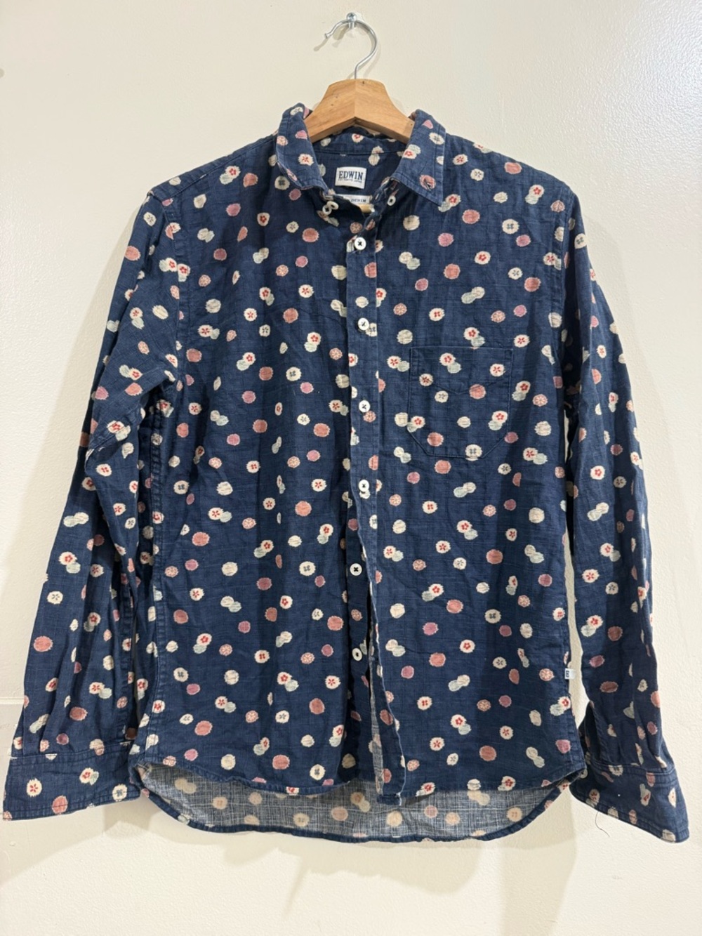 Edwin Navy Floral Dot Shirt with Cream and Pink Accents